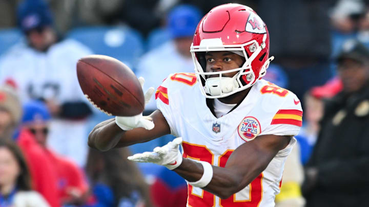 Nov 2, 2025; Orchard Park, New York, USA; Kansas City Chiefs wide receiver Tyquan Thornton (80) warms up before the game against the Buffalo Bills at Highmark Stadium. Nov 2, 2025; Orchard Park, New York, USA; Kansas City Chiefs wide receiver Tyquan Thornton (80) warms up before the game against the Buffalo Bills at Highmark Stadium.