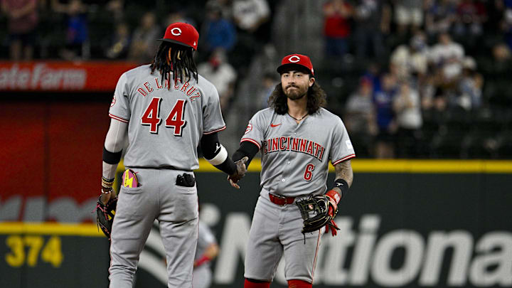 Apr 27, 2024; Arlington, Texas, USA; Cincinnati Reds shortstop Elly De La Cruz (44) and second