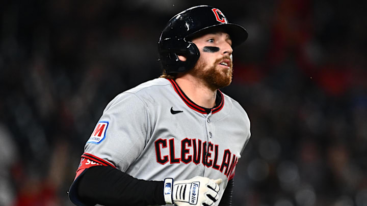 May 6, 2025; Washington, District of Columbia, USA;  Cleveland Guardians second baseman Daniel Schneemann (10) rounds the bases on a solo home run during the eighth inning against the Washington Nationals at Nationals Park. Mandatory Credit: James A. Pittman-Imagn Images