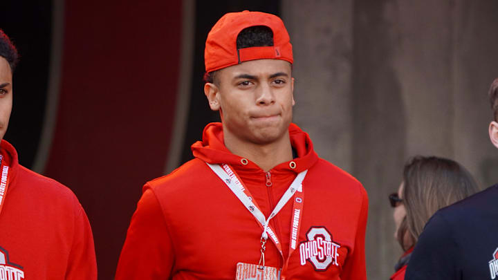 Recruit Jakob Weatherspoon watches Ohio State warm up before playing Penn State Oct. 21, 2023 at Ohio Stadium.