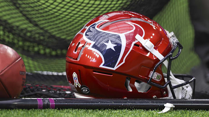 Nov 19, 2023; Houston, Texas, USA; View of a Houston Texans battle red helmet before the game against the Arizona Cardinals at NRG Stadium. Mandatory Credit: Troy Taormina-Imagn Images