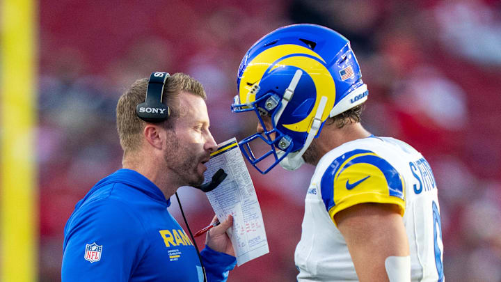 November 9, 2025; Santa Clara, California, USA; Los Angeles Rams head coach Sean McVay talks with quarterback Matthew Stafford (9) during the fourth quarter against the San Francisco 49ers at Levi's Stadium. Mandatory Credit: Kyle Terada-Imagn Images
