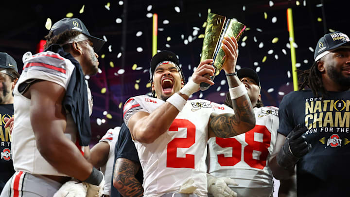 Jan 20, 2025; Atlanta, GA, USA; Ohio State Buckeyes wide receiver Emeka Egbuka (2) celebrates after winning against the Notre Dame Fighting Irish in the CFP National Championship college football game at Mercedes-Benz Stadium. Mandatory Credit: Mark J. Rebilas-Imagn Images