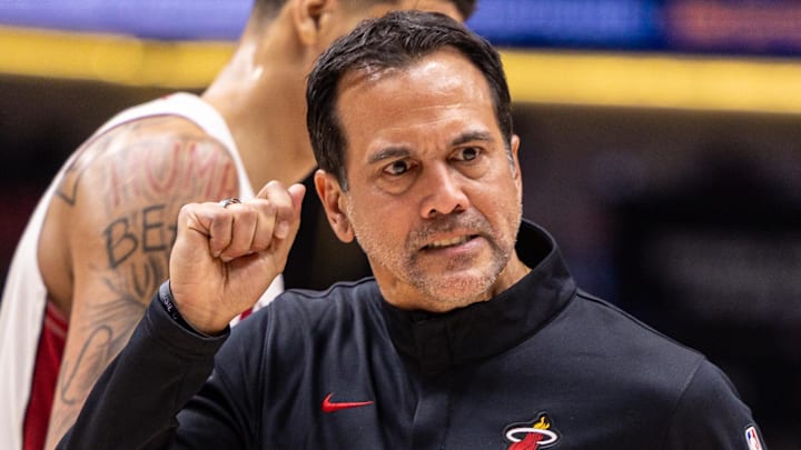 Miami Heat Head Coach Erik Spoelstra reacts (Mandatory Credit: Stephen Lew-Imagn Images) Miami Heat Head Coach Erik Spoelstra reacts (Mandatory Credit: Stephen Lew-Imagn Images)
