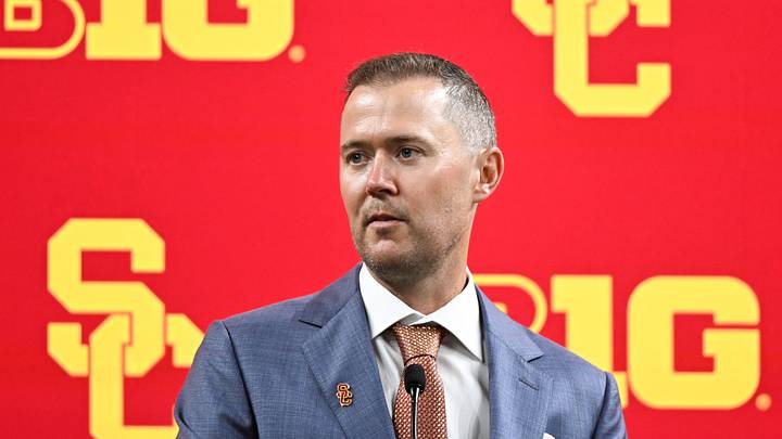 Jul 24, 2024; Indianapolis, IN, USA;  USC Trojans head coach Lincoln Riley speaks to the media during the Big 10 football media day at Lucas Oil Stadium. 