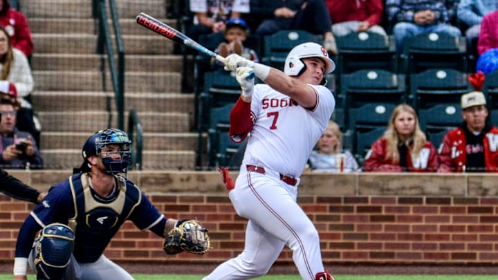 Oklahoma infielder Jaxon Willits hits a ball against Oral Roberts.