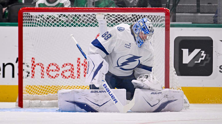 Jan 18, 2026; Dallas, Texas, USA; Tampa Bay Lightning goaltender Andrei Vasilevskiy (88) allows a goal to Dallas Stars center Oskar Beck (not pictured) during the first period at the American Airlines Center. Mandatory Credit: Jerome Miron-Imagn Images Jan 18, 2026; Dallas, Texas, USA; Tampa Bay Lightning goaltender Andrei Vasilevskiy (88) allows a goal to Dallas Stars center Oskar Beck (not pictured) during the first period at the American Airlines Center. Mandatory Credit: Jerome Miron-Imagn Images