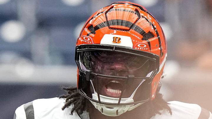 Cincinnati Bengals defensive end Shemar Stewart (94) celebrates a sack in the fourth quarter of the NFL Week 2 game between the Houston Texans and the Cincinnati Bengals at Reliant Stadium in Houston on Sunday, Sept. 20, 2026. The Bengals improved to 2-0 on the season with a 20-6 win on the road.