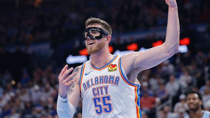Mar 27, 2025; Oklahoma City, Oklahoma, USA; Oklahoma City Thunder center Isaiah Hartenstein (55) reacts after a play against the Memphis Grizzlies during the second quarter at Paycom Center. Mandatory Credit: Alonzo Adams-Imagn Images
