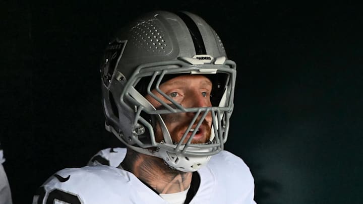 Dec 14, 2025; Philadelphia, Pennsylvania, USA; Las Vegas Raiders running back Ashton Jeanty (2) and defensive end Maxx Crosby (98) in the tunnel against the Philadelphia Eagles at Lincoln Financial Field. Mandatory Credit: Eric Hartline-Imagn Images
