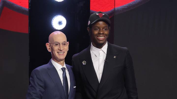 Jun 23, 2026; New York, NY, USA; NBA commissioner Adam Silver greets the fourth pick in the 2026 NBA draft, North Carolina forward Caleb Wilson after he was selected by the Chicago Bulls at Barclays Center. Mandatory Credit: Brad Penner-Imagn Images