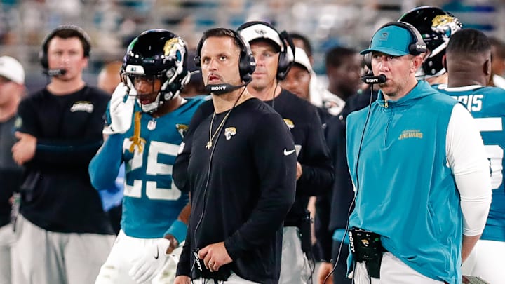Aug 9, 2025; Jacksonville, Florida, USA; Jacksonville Jaguars defensive coordinator Anthony Campanile stands with head coach Liam Coen on the sidelines during a preseason game against the Pittsburgh Steelers at EverBank Stadium. Mandatory Credit: Travis Register-Imagn Images