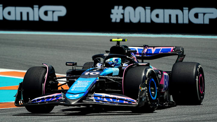 May 3, 2024; Miami Gardens, Florida, USA; Alpine driver Pierre Gasley (10) races into turn one during F1 practice at Miami International Autodrome. Mandatory Credit: John David Mercer-USA TODAY Sports May 3, 2024; Miami Gardens, Florida, USA; Alpine driver Pierre Gasley (10) races into turn one during F1 practice at Miami International Autodrome. Mandatory Credit: John David Mercer-USA TODAY Sports