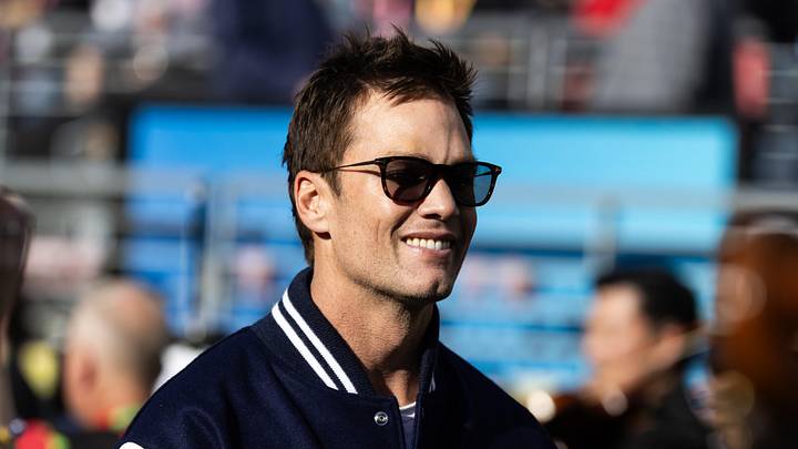 Former Super Bowl MVP Tom Brady in attendance before Super Bowl LX between the Seattle Seahawks and the New England Patriots.