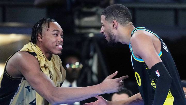 Feb 17, 2024; Indianapolis, IN, USA; Toronto Raptors forward Scottie Barnes (4) and Indiana Pacers guard Tyrese Haliburton (0) reacts after competing in the skills challenge during NBA All Star Saturday Night at Lucas Oil Stadium. Mandatory Credit: Kyle Terada-USA TODAY Sports