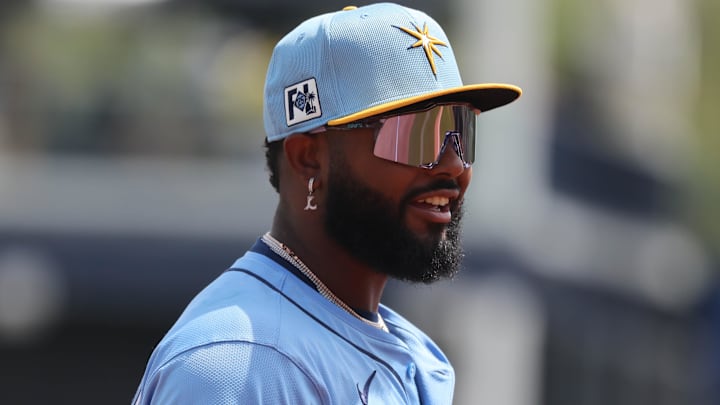 Mar 23, 2025; Tampa, Florida, USA; Tampa Bay Rays third base Junior Caminero (13) looks on during the first inning against the New York Yankees at George M. Steinbrenner Field.