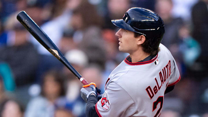 Mar 27, 2026; Seattle, Washington, USA; Cleveland Guardians right fielder Chase DeLauter (24) hits a solo home run during the first inning against the Seattle Mariners at T-Mobile Park. Mandatory Credit: Stephen Brashear-Imagn Images