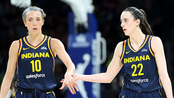 May 3, 2024; Dallas, Texas, USA; Indiana Fever guard Caitlin Clark (22) celebrates with Indiana Fever guard Lexie Hull (10) during the second quarter against the Dallas Wings at College Park Center. Mandatory Credit: Kevin Jairaj-Imagn Images May 3, 2024; Dallas, Texas, USA; Indiana Fever guard Caitlin Clark (22) celebrates with Indiana Fever guard Lexie Hull (10) during the second quarter against the Dallas Wings at College Park Center. Mandatory Credit: Kevin Jairaj-Imagn Images