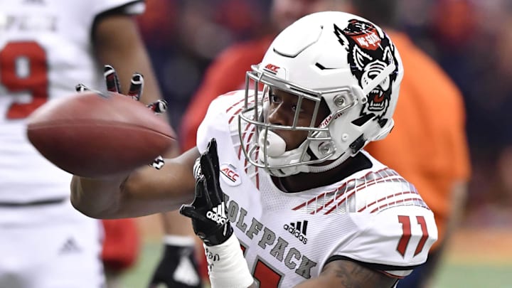 Oct 27, 2018; Syracuse, NY, USA; North Carolina State Wolfpack wide receiver Jakobi Meyers (11) makes a catch up prior to a game against the Syracuse Orange at the Carrier Dome. Mandatory Credit: Mark Konezny-Imagn Images Oct 27, 2018; Syracuse, NY, USA; North Carolina State Wolfpack wide receiver Jakobi Meyers (11) makes a catch up prior to a game against the Syracuse Orange at the Carrier Dome. Mandatory Credit: Mark Konezny-Imagn Images