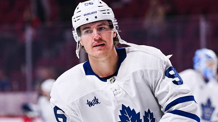Oct 3, 2022; Montreal, Quebec, CAN; Toronto Maple Leafs right wing Nicolas Aube-Kubel (96) skates during warm-up before the game against the Montreal Canadiens at Bell Centre. Mandatory Credit: David Kirouac-USA TODAY Sports