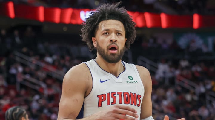 Jan 20, 2025; Houston, Texas, USA; Detroit Pistons guard Cade Cunningham (2) reacts to a call while playing against the Houston Rockets  in the second quarter at Toyota Center. Mandatory Credit: Thomas Shea-Imagn Images
