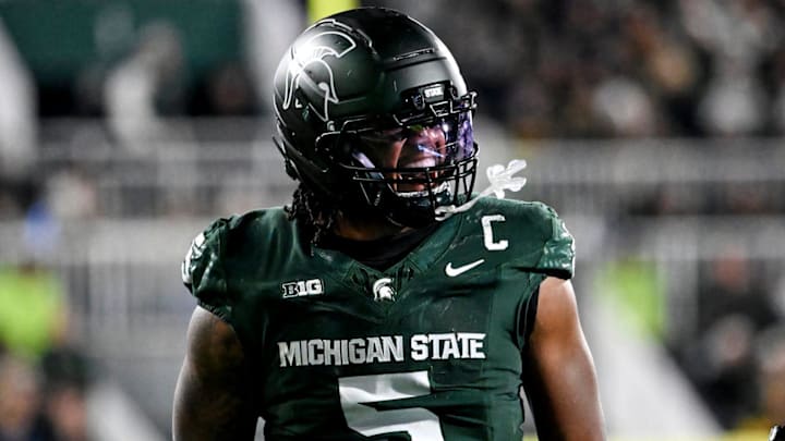 Michigan State's Jordan Hall celebrates after a stop against Michigan during the second quarter on Saturday, Oct. 25, 2025, at Spartan Stadium in East Lansing. Michigan State's Jordan Hall celebrates after a stop against Michigan during the second quarter on Saturday, Oct. 25, 2025, at Spartan Stadium in East Lansing.