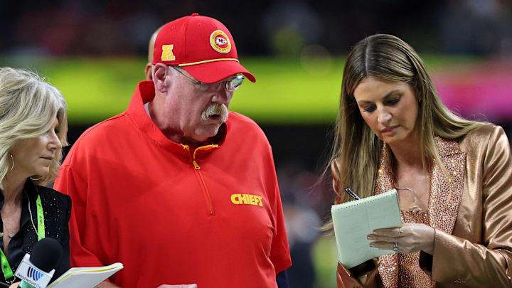 Feb 9, 2025; New Orleans, LA, USA; TV personality Erin Andrews interviews Kansas City Chiefs head coach Andy Reid at the end of the first half of Super Bowl LIX at Caesars Superdome. Mandatory Credit: Geoff Burke-Imagn Images