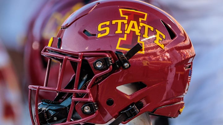 Nov 9, 2024; Kansas City, Missouri, USA; Iowa State Cyclones helmets on the bench during the first quarter against the Kansas Jayhawks at GEHA Field at Arrowhead Stadium. 