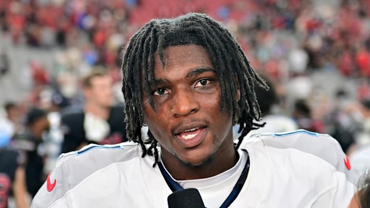 Tennessee Titans quarterback Cam Ward is interviewed after the game against the Arizona Cardinals.