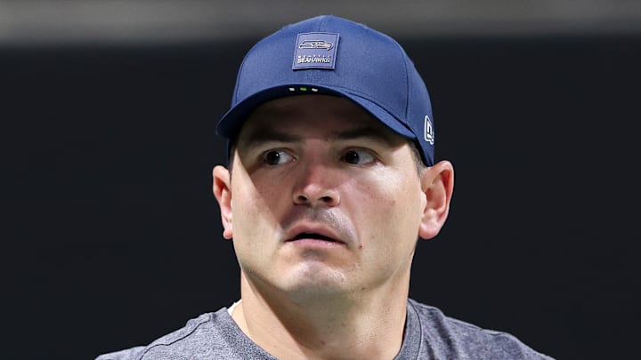 Mike Macdonald of the Seattle Seahawks pregame Mike Macdonald of the Seattle Seahawks pregame