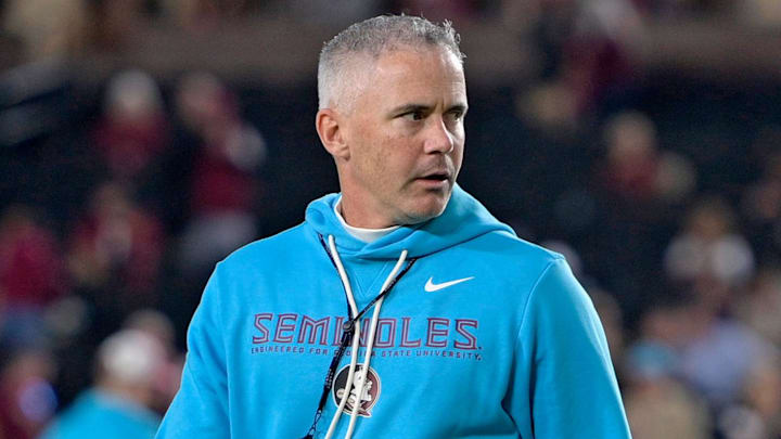 Nov 1, 2025; Tallahassee, Florida, USA; Florida State Seminoles head coach Mike Norvell walks on the field before the game against the Wake Forest Demon Deacons at Doak S. Campbell Stadium. Mandatory Credit: Melina Myers-Imagn Images