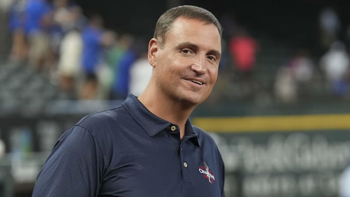 Jun 21, 2024; Arlington, Texas, USA; Texas Rangers general manager Chris Young Jun 21, 2024; Arlington, Texas, USA; Texas Rangers general manager Chris Young