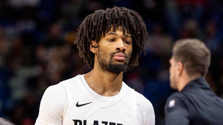 Nov 12, 2025; New Orleans, Louisiana, USA;  Portland Trail Blazers guard Shaedon Sharpe (17) looks on against the New Orleans Pelicans during the first half at Smoothie King Center. Mandatory Credit: Stephen Lew-Imagn Images