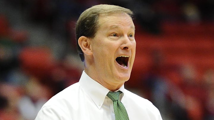 Mar 1, 2018; Pullman, WA, USA; Oregon Ducks head coach Dana Altman looks on during a basketball game against the Washington State Cougars during the first half at Friel Court at Beasley Coliseum. Mandatory Credit: James Snook-Imagn Images