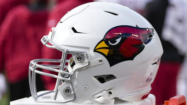 Oct 13, 2024; Green Bay, Wisconsin, USA;  General view of an Arizona Cardinals helmet during the game against the Green Bay Packers at Lambeau Field. Mandatory Credit: Jeff Hanisch-Imagn Imagesv