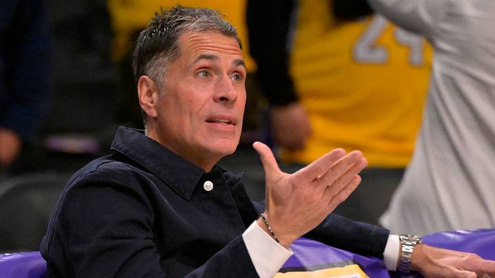 Nov 21, 2024; Los Angeles, California, USA;  Los Angeles Lakers general manager Rob Pelinka looks on as players warm up prior to the game against the Orlando Magic at Crypto.com Arena. Mandatory Credit: Jayne Kamin-Oncea-Imagn Images