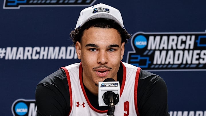 Mar 19, 2025; Denver, CO, USA; Wisconsin Badgers player John Tonje during a press conference at Ball Arena. Mandatory Credit: Isaiah J. Downing-Imagn Images