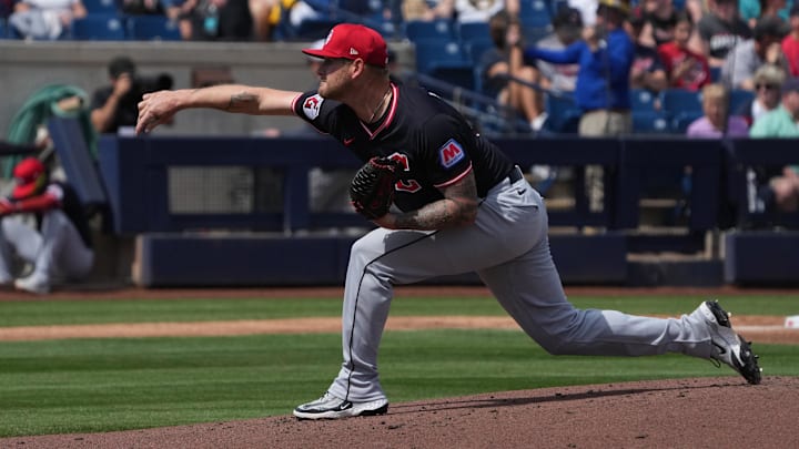 Mar 16, 2025; Phoenix, Arizona, USA; Cleveland Guardians pitcher Ben Lively (39) throws against the Milwaukee Brewers in the first inning at American Family Fields of Phoenix. Mandatory Credit: Rick Scuteri-Imagn Images