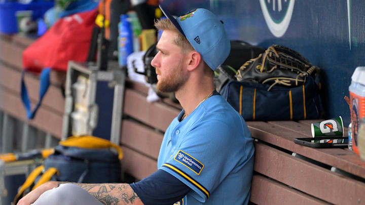 Feb 23, 2026; Peoria, Arizona, USA;  Milwaukee Brewers pitcher Easton McGee (50) in the dugout against the San Diego Padres at Peoria Sports Complex. Mandatory Credit: Jayne Kamin-Oncea-Imagn Images