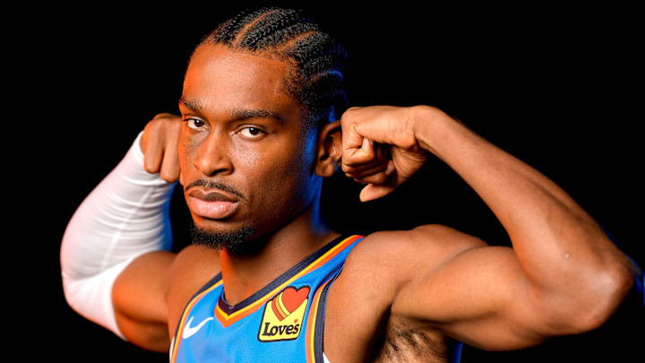 Shai Gilgeous-Alexander is pictured during the Thunder media day at the Paycom Center in Oklahoma City, on Monday, Sept. 30, 2024. Shai Gilgeous-Alexander is pictured during the Thunder media day at the Paycom Center in Oklahoma City, on Monday, Sept. 30, 2024.