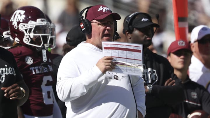 Texas A&M Aggies head coach Mike Elko reacts on the sideline during the second quarter against the South Carolina Gamecocks.