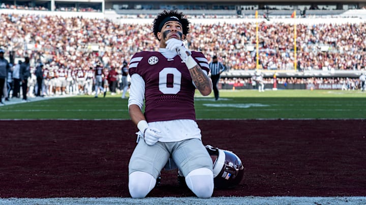 Mississippi State wide receiver Brenen Thompson (0) looks to the sky before a college football game between Mississippi State and Ole Miss at Davis Wade Stadium in Starkville, Miss., on Friday, Nov. 28, 2025. Ole Miss defeated Mississippi State 38-19 in the Egg Bowl.