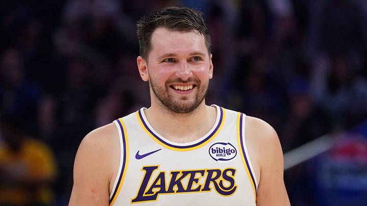Feb 28, 2026; San Francisco, California, USA;  Los Angeles Lakers forward/guard Luka Doncic (77) smiles during a break in the action against the Golden State Warriors in the third period at Chase Center. Mandatory Credit: David Gonzales-Imagn Images