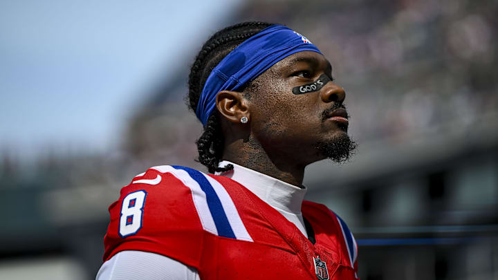 Sep 21, 2025; Foxborough, Massachusetts, USA; New England Patriots wide receiver Stefon Diggs (8) before the game against the Pittsburgh Steelers at Gillette Stadium. Mandatory Credit: Brian Fluharty-Imagn Images
