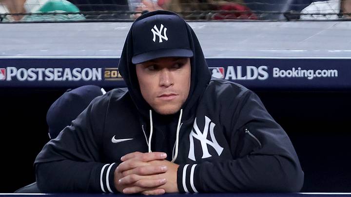 Bronx, New York, USA; New York Yankees injured right fielder Aaron Judge (99) watches from the dugout during the second inning of game three of the ALDS against the Tampa Bay Rays during the 2026 MLB Playoffs at Yankee Stadium. Mandatory Credit: Brad Penner-Imagn Images