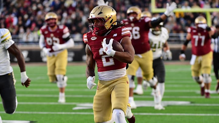 Nov 15, 2025; Chestnut Hill, Massachusetts, USA; Boston College Eagles running back Turbo Richard (2) runs the ball during the first half against Georgia Tech Yellow Jackets at Alumni Stadium. Mandatory Credit: Bob DeChiara-Imagn Images