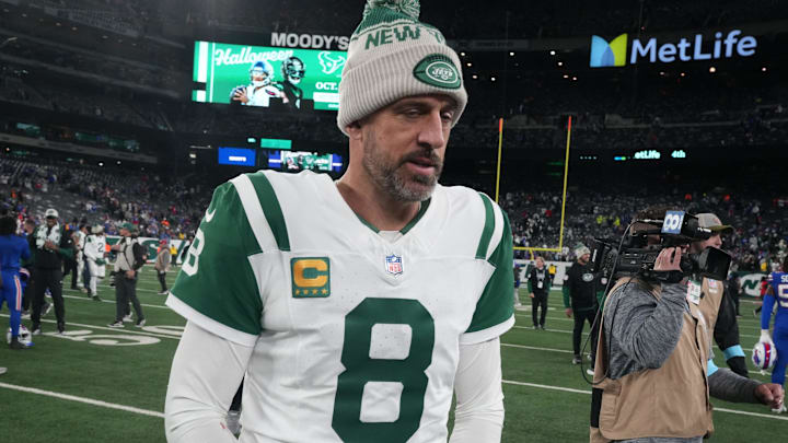 East Rutherford, NJ -- October 14, 2024 -- Aaron Rodgers of the Jets leaves the field at the end of the game. The Buffalo Bills came to MetLife Stadium to play the NY Jets. The Jets played their first game under new interim head coach Jeff Ulbrich.