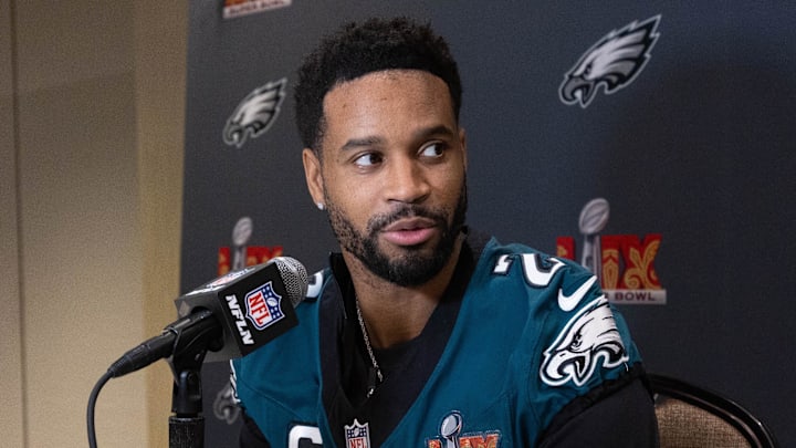 Philadelphia Eagles cornerback Darius Slay Jr. speaks with the media during a press conference prior to the Super Bowl Philadelphia Eagles cornerback Darius Slay Jr. speaks with the media during a press conference prior to the Super Bowl