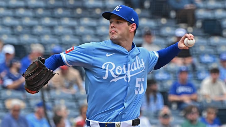Apr 24, 2025; Kansas City, Missouri, USA; Kansas City Royals starting pitcher Cole Ragans (55) throws a pitch in the first inning against the Colorado Rockies at Kauffman Stadium. Mandatory Credit: Peter Aiken-Imagn Images Apr 24, 2025; Kansas City, Missouri, USA; Kansas City Royals starting pitcher Cole Ragans (55) throws a pitch in the first inning against the Colorado Rockies at Kauffman Stadium. Mandatory Credit: Peter Aiken-Imagn Images