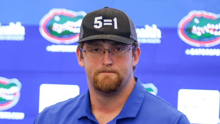 Florida offensive lineman Jake Slaughter (66) answers question during a press conference about Billy Napier’s firing at Heavener Football Center in Gainesville, FL on Monday, October 20, 2025. [Alan Youngblood/Gainesville Sun]